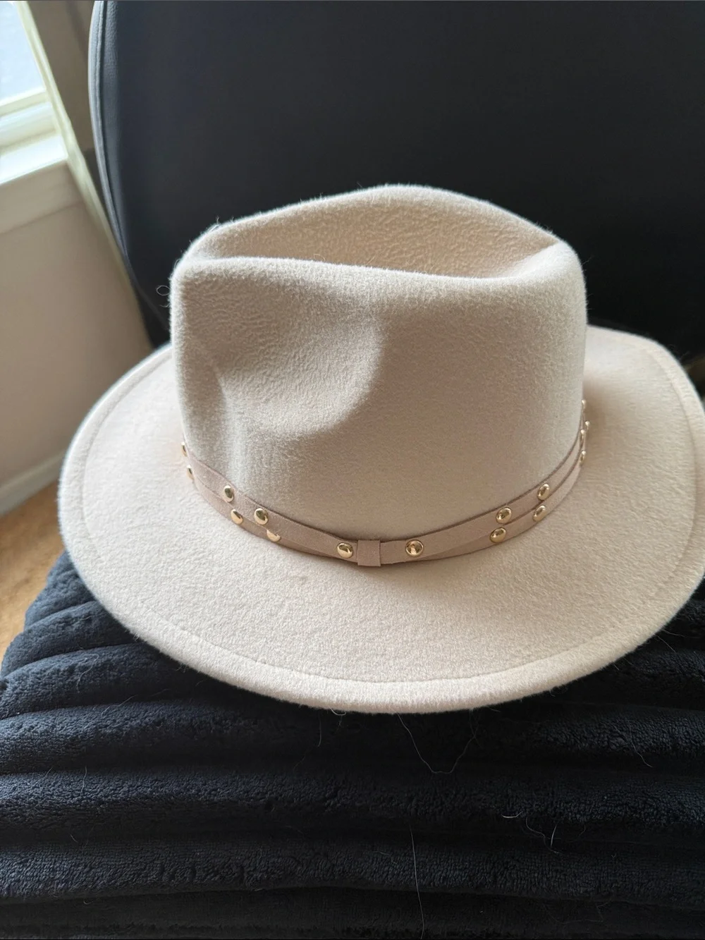 Cost Plus World Market Cream Felt Fedora with Studded Band